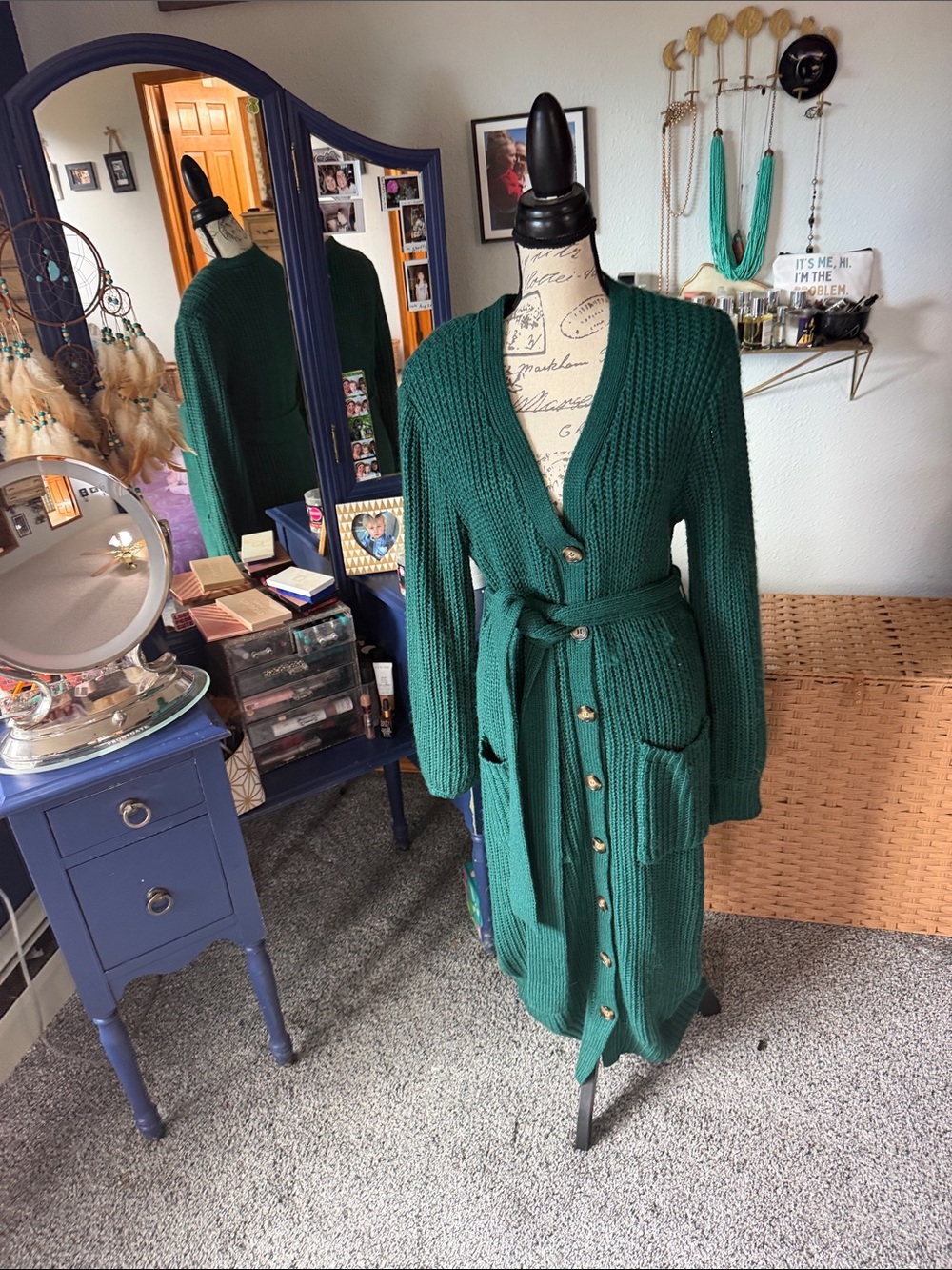 ELOQUII Green Knit Belted Cardigan Sweater Dress